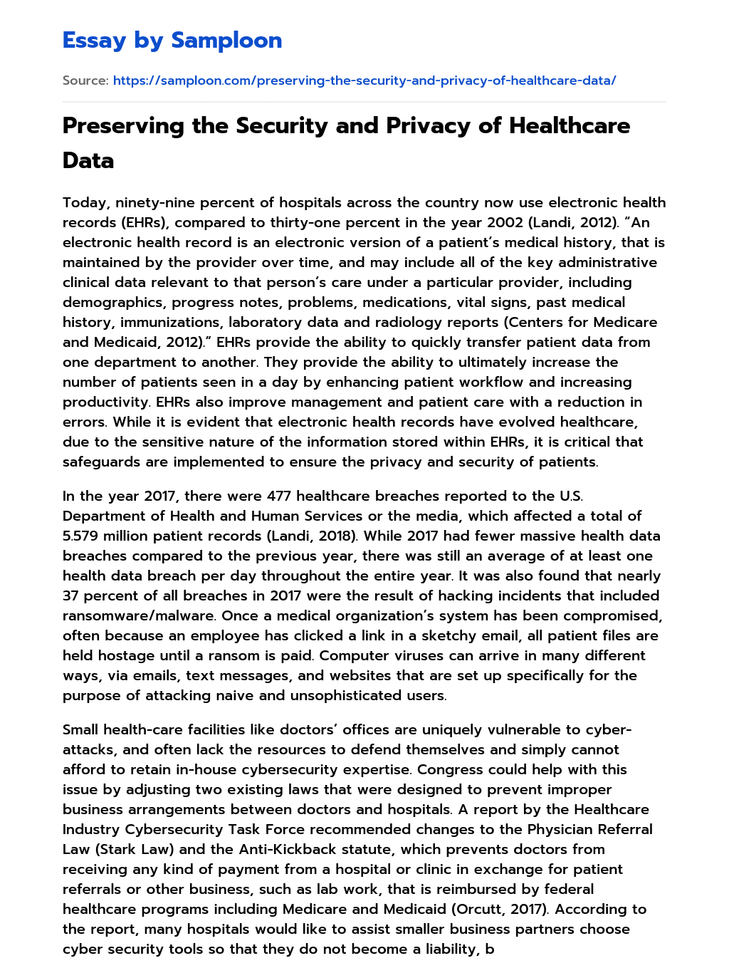 Preserving the Security and Privacy of Healthcare Data  essay