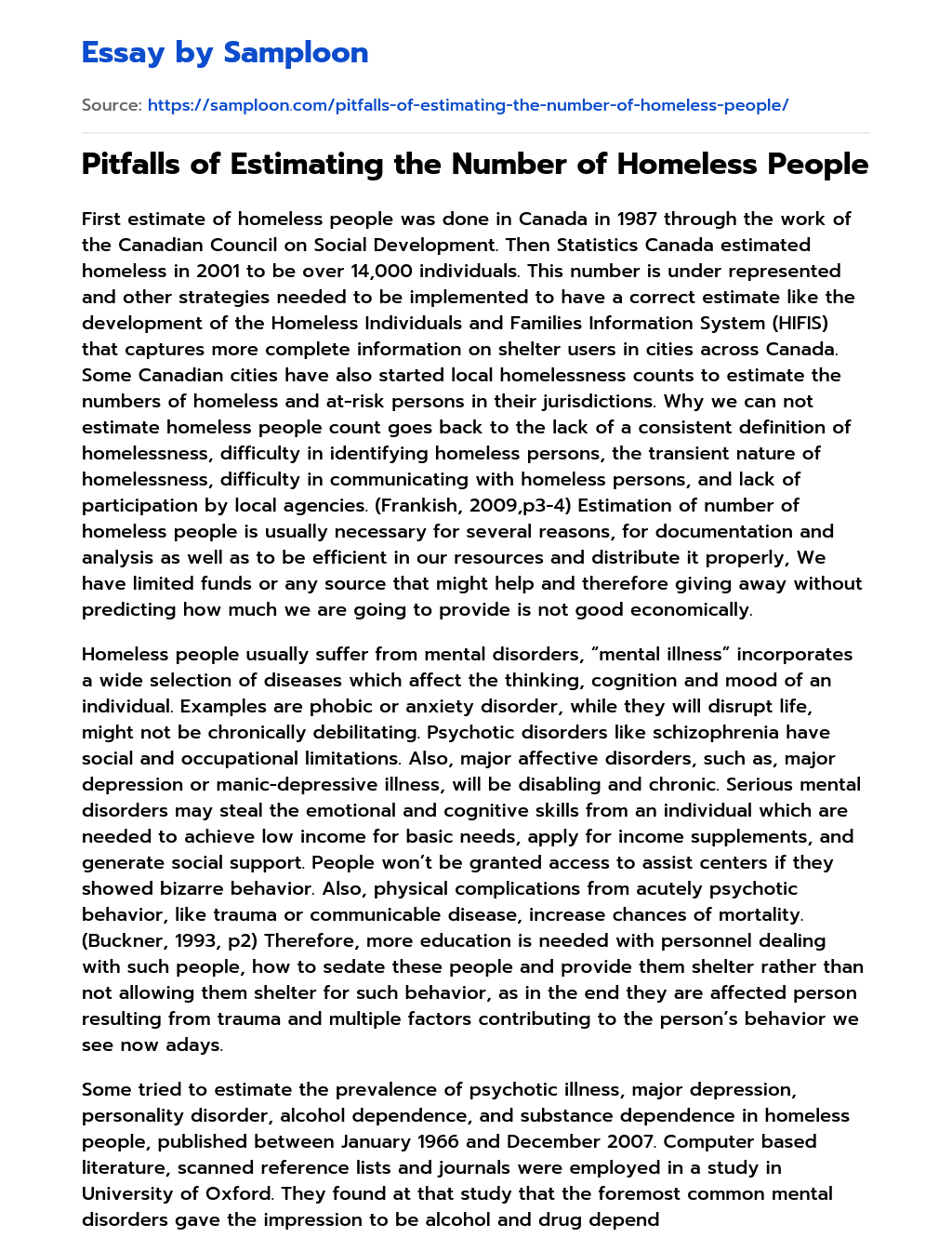 Pitfalls of Estimating the Number of Homeless People essay