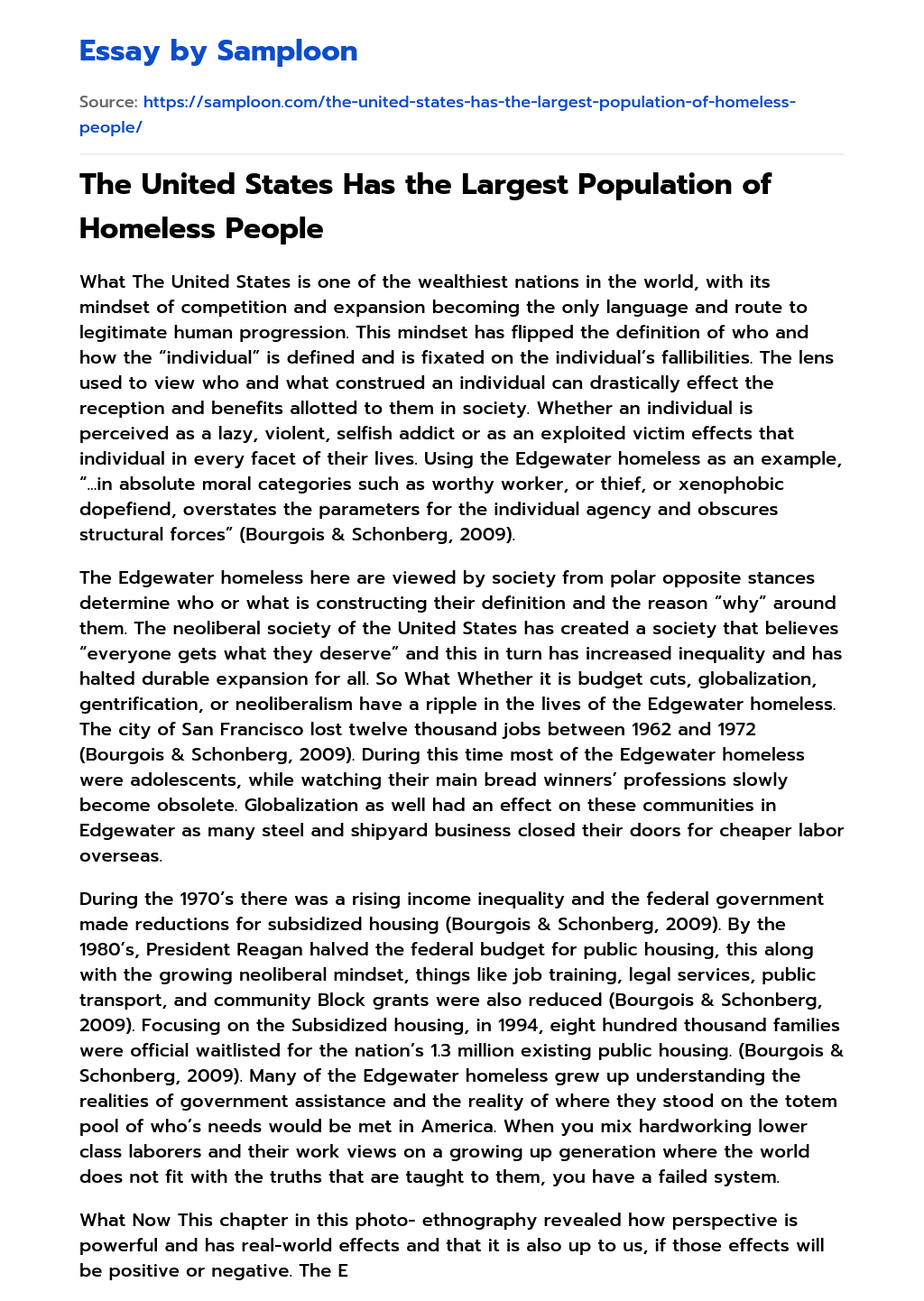 The United States Has the Largest Population of Homeless People essay