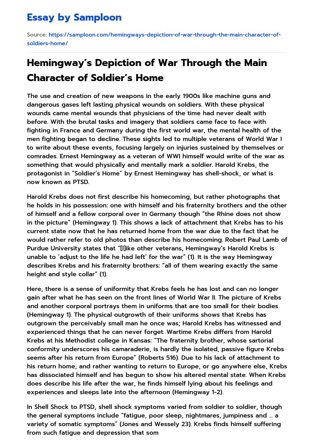 Hemingway’s Depiction of War Through the Main Character of Soldier’s Home essay