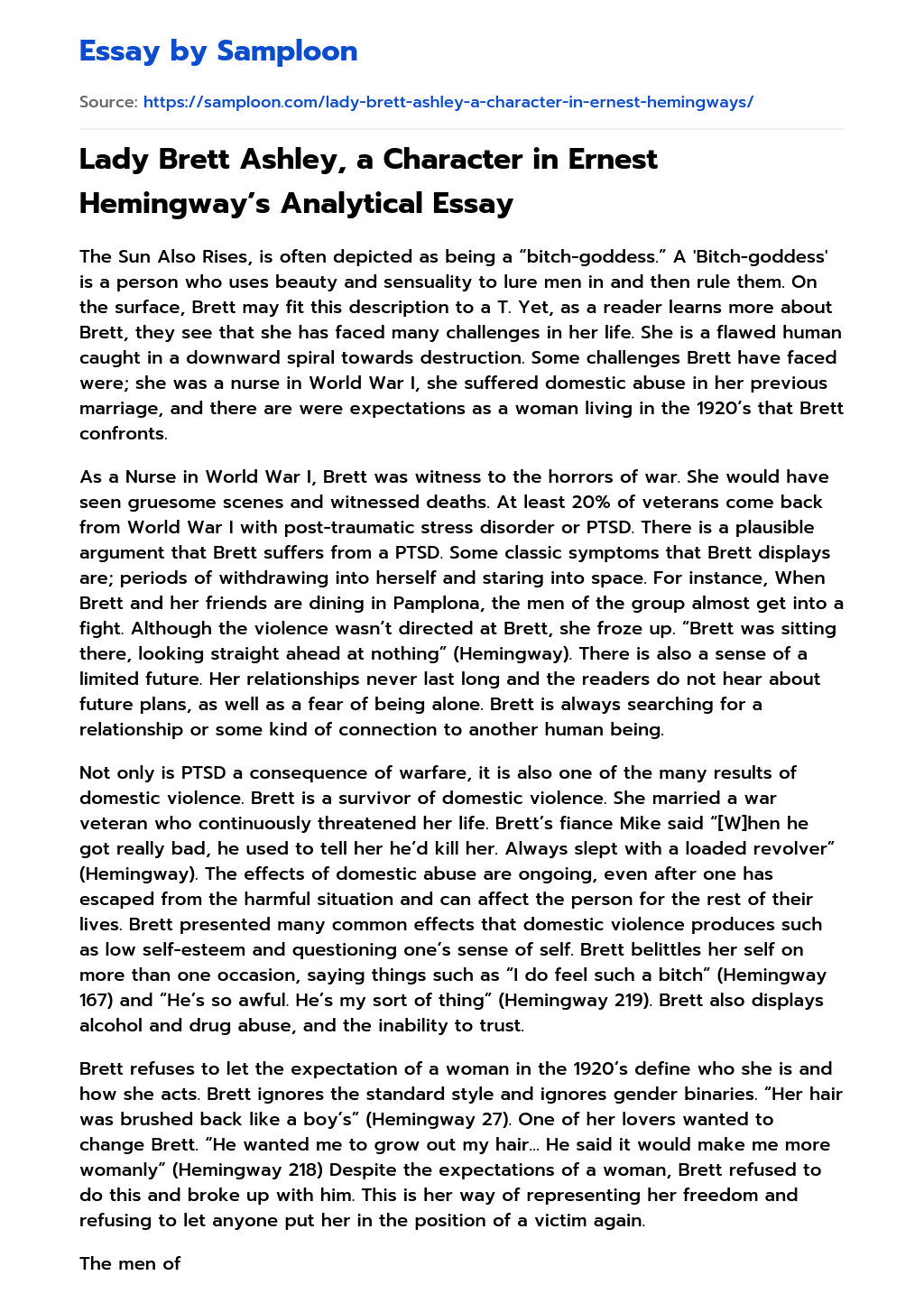 Lady Brett Ashley, a Character in Ernest Hemingway’s Analytical Essay essay