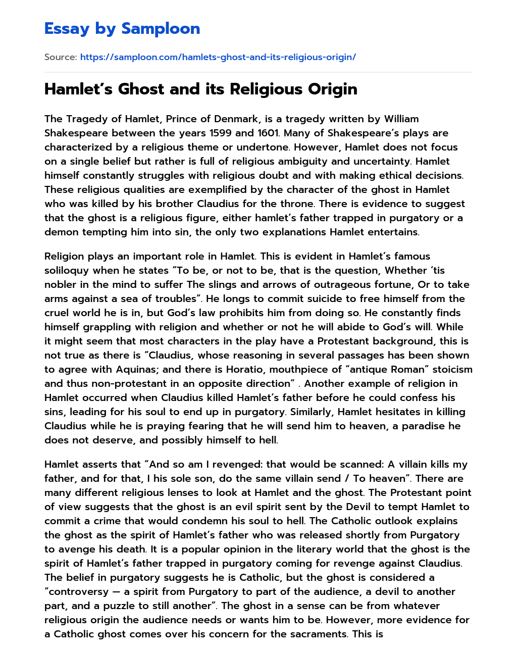 Hamlet’s Ghost and its Religious Origin essay