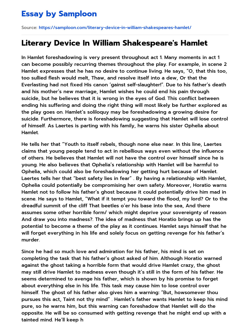 Literary Device In William Shakespeare’s Hamlet essay