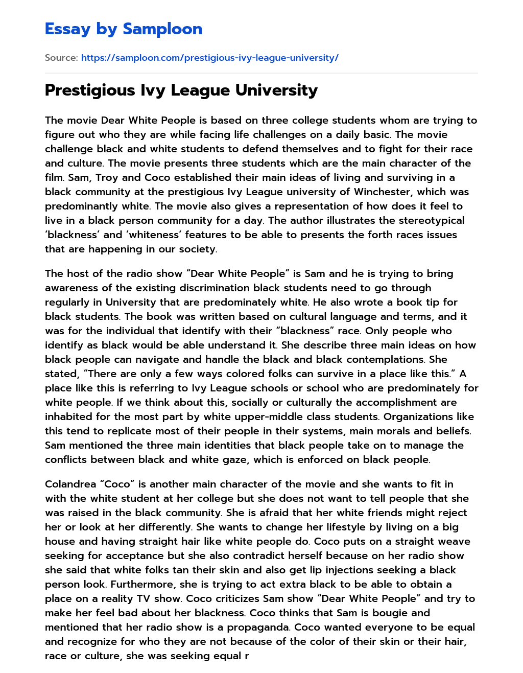 Prestigious Ivy League University essay