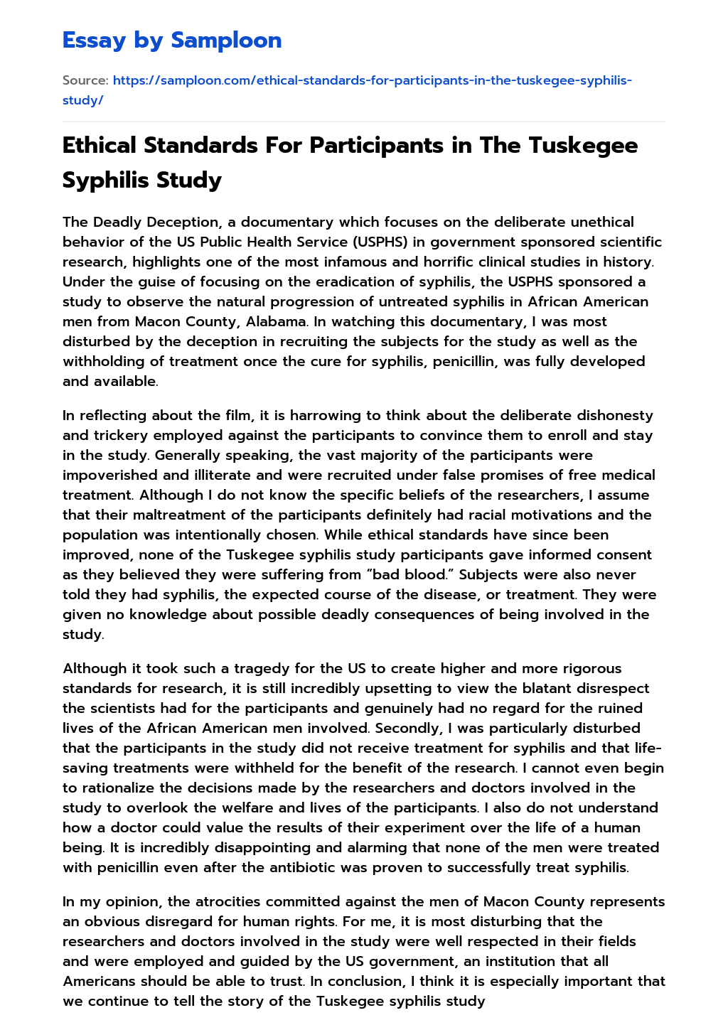 Ethical Standards For Participants in The Tuskegee Syphilis Study essay