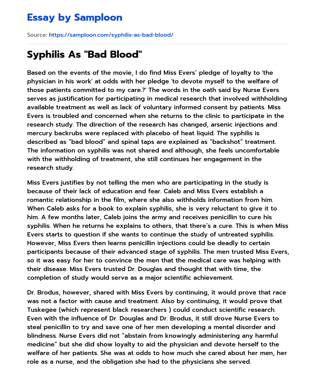 Syphilis As “Bad Blood” essay