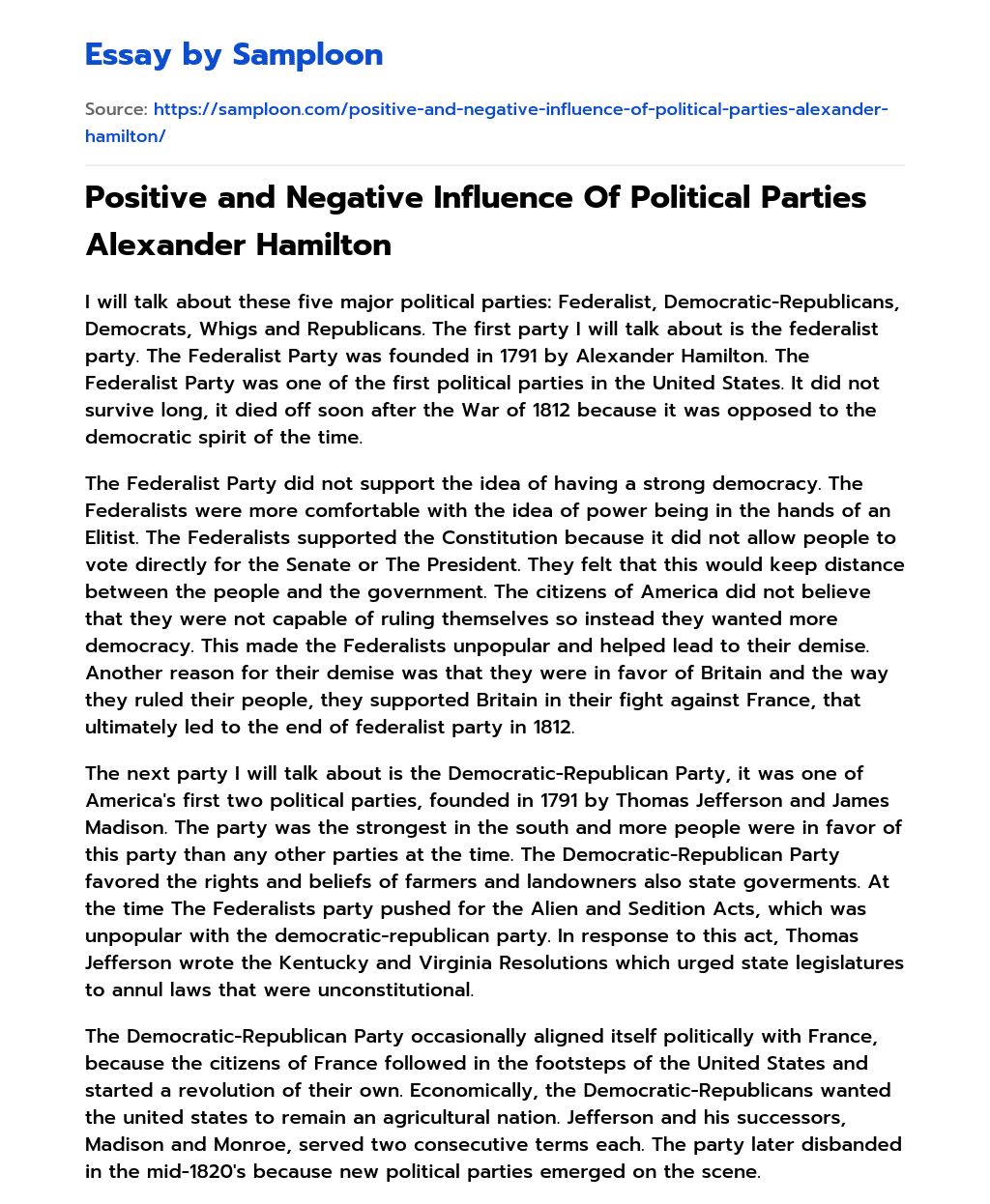 Positive and Negative Influence Of Political Parties Alexander Hamilton essay