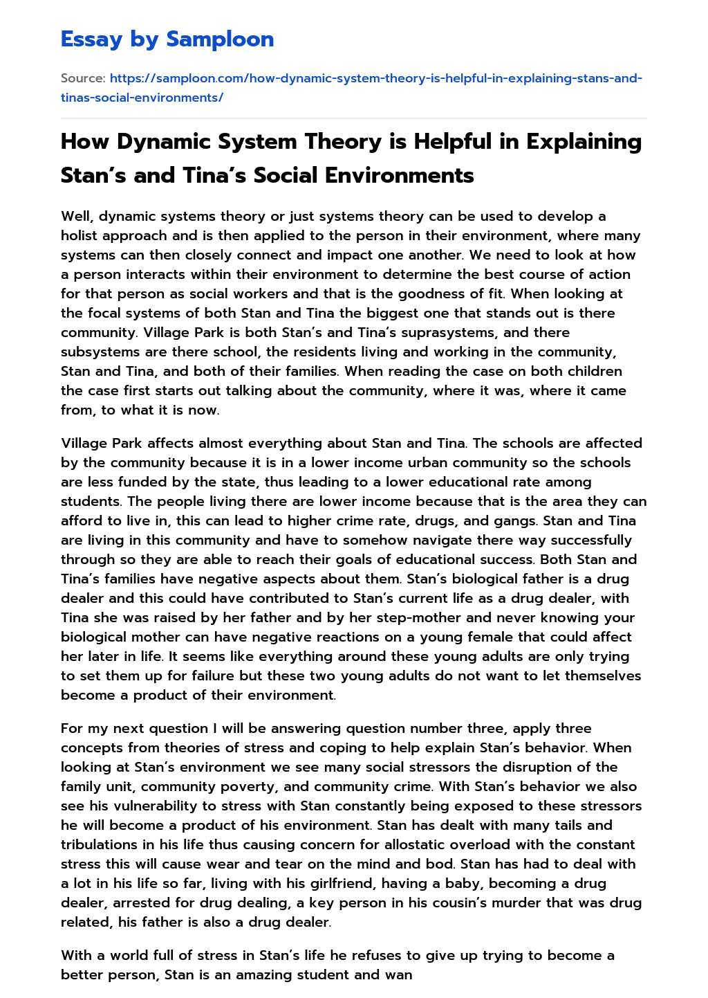 How Dynamic System Theory is Helpful in Explaining Stan’s and Tina’s Social Environments essay