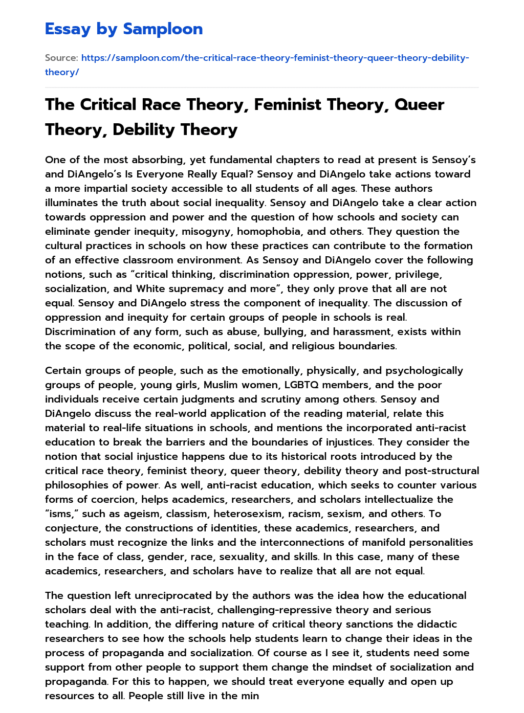 The Critical Race Theory, Feminist Theory, Queer Theory, Debility Theory essay