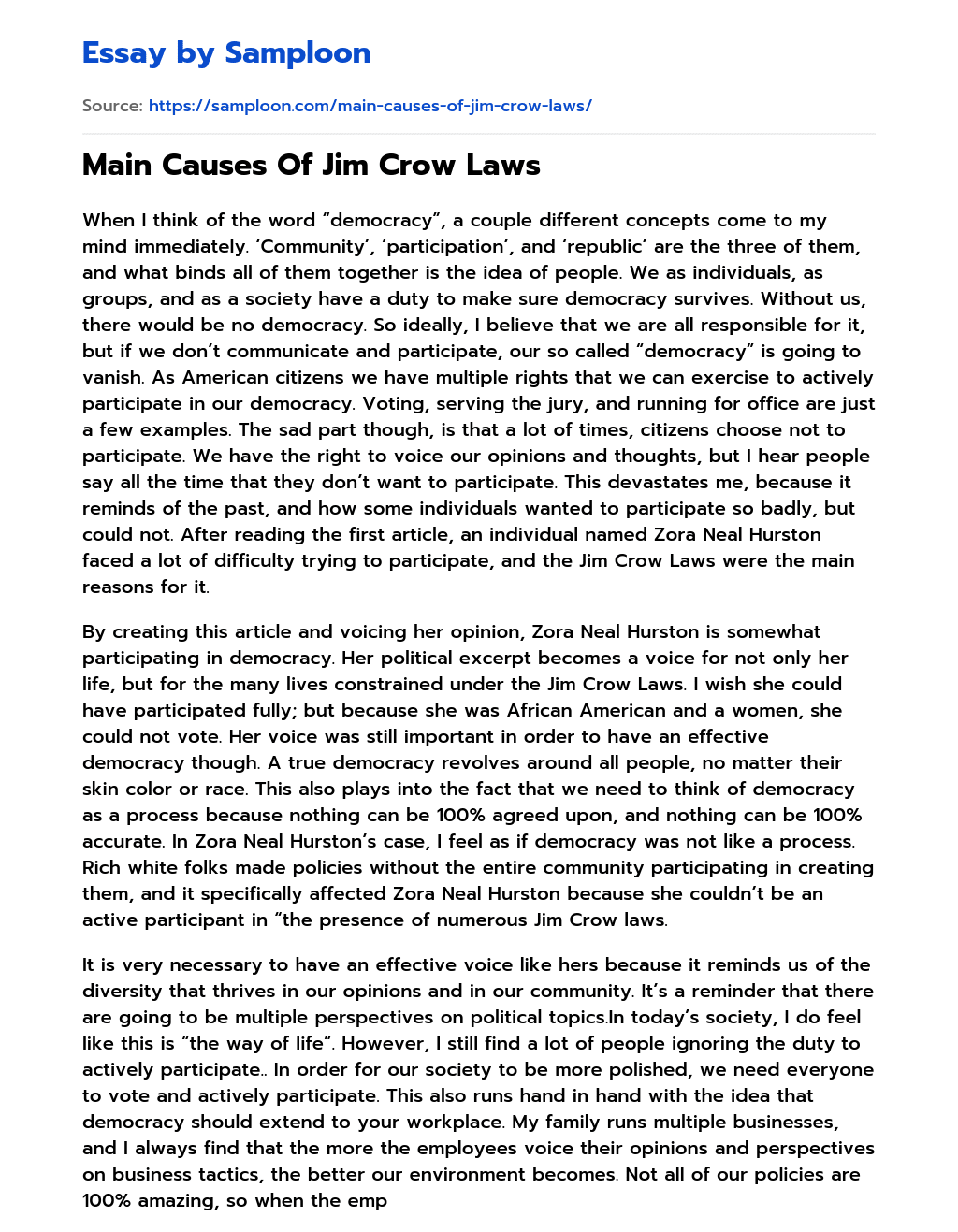 Main Causes Of Jim Crow Laws essay
