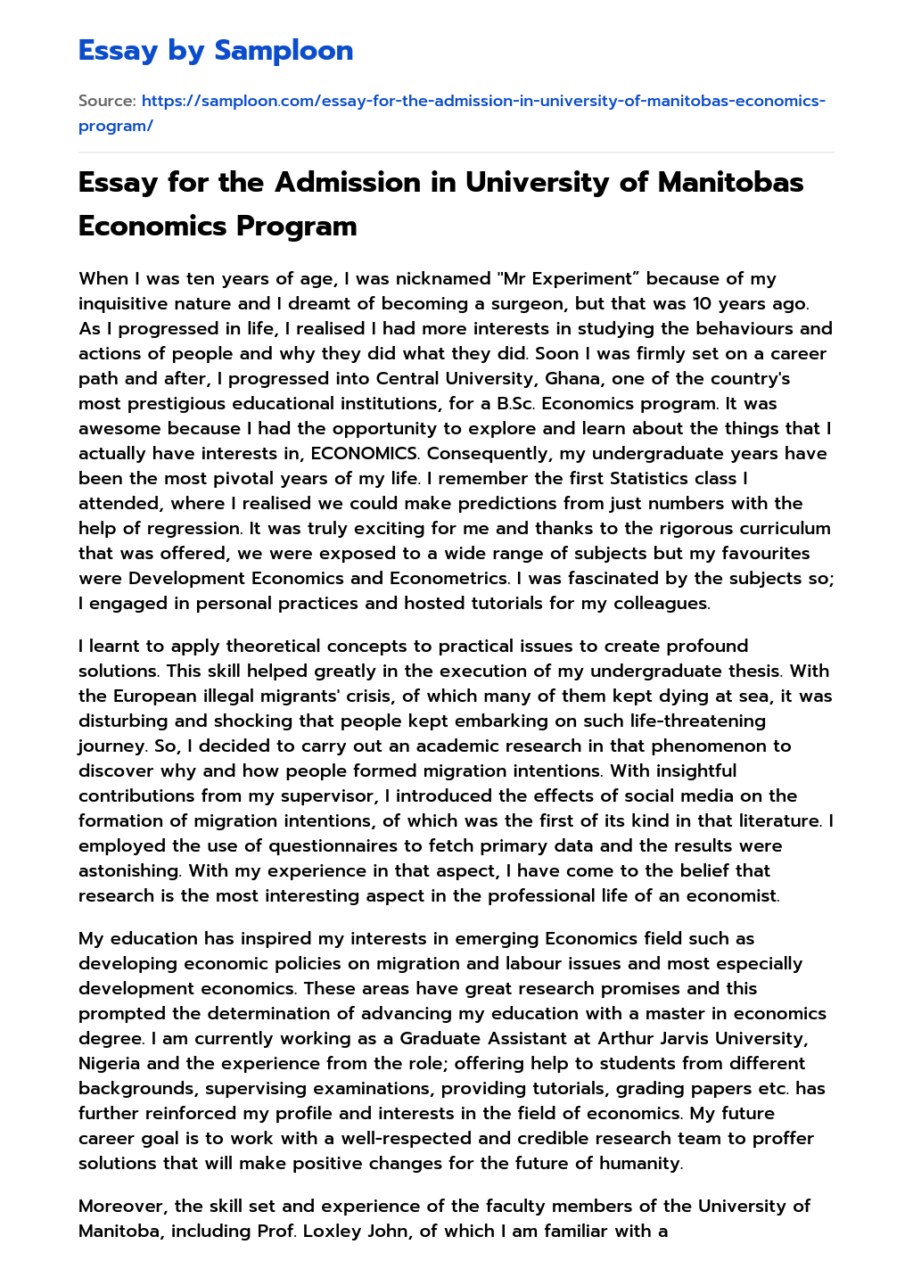 Essay for the Admission in University of Manitobas Economics Program essay
