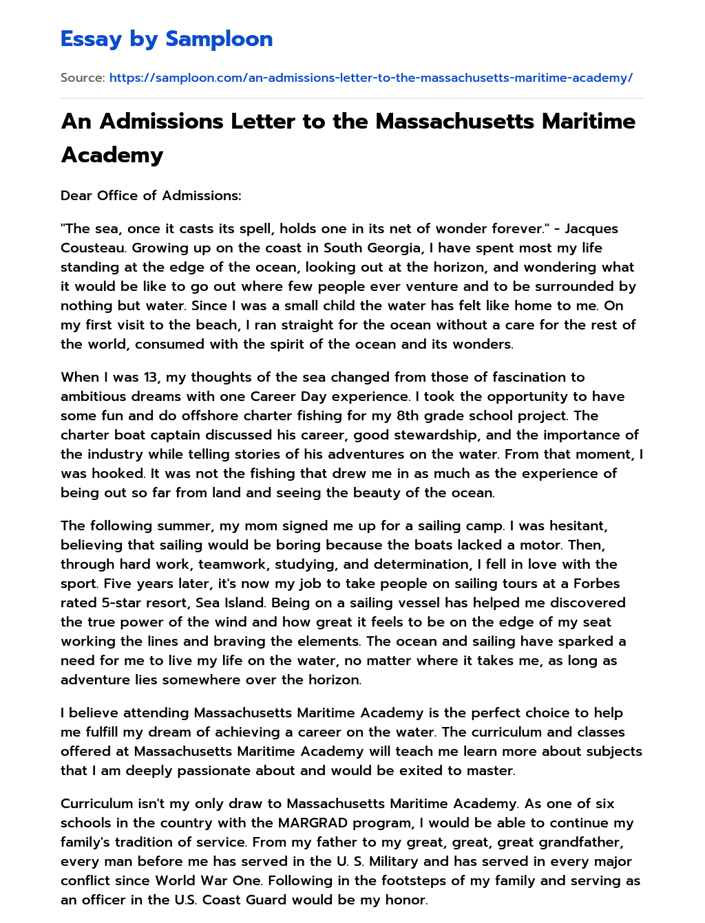 An Admissions Letter to the Massachusetts Maritime Academy essay