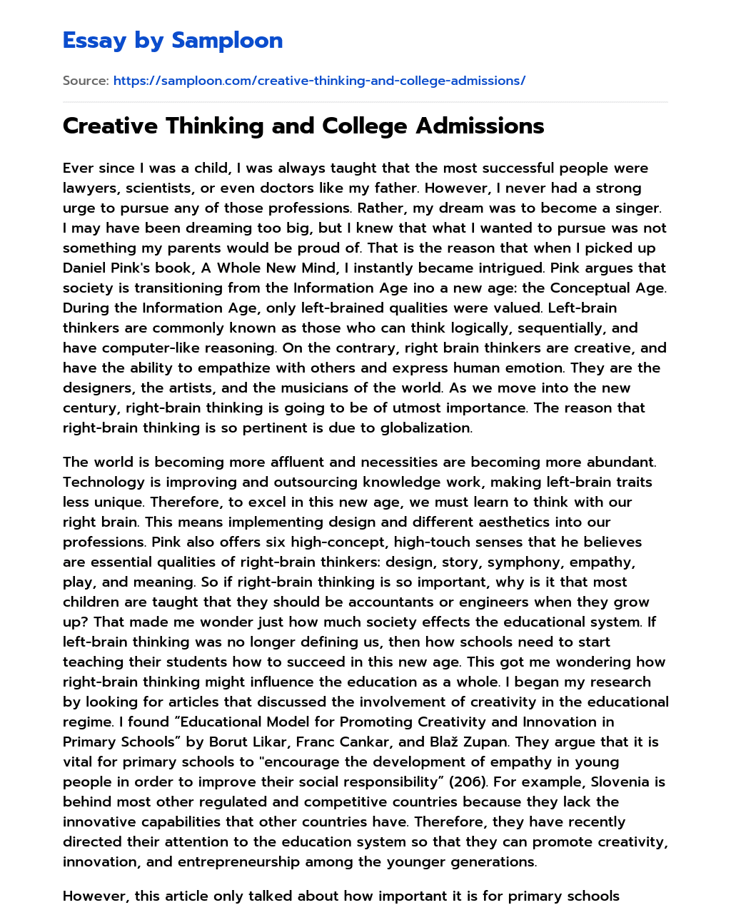 Creative Thinking and College Admissions essay