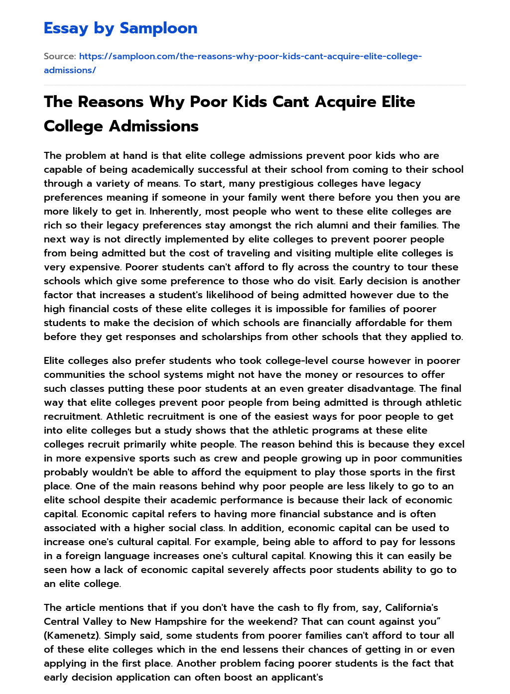 The Reasons Why Poor Kids Cant Acquire Elite College Admissions essay