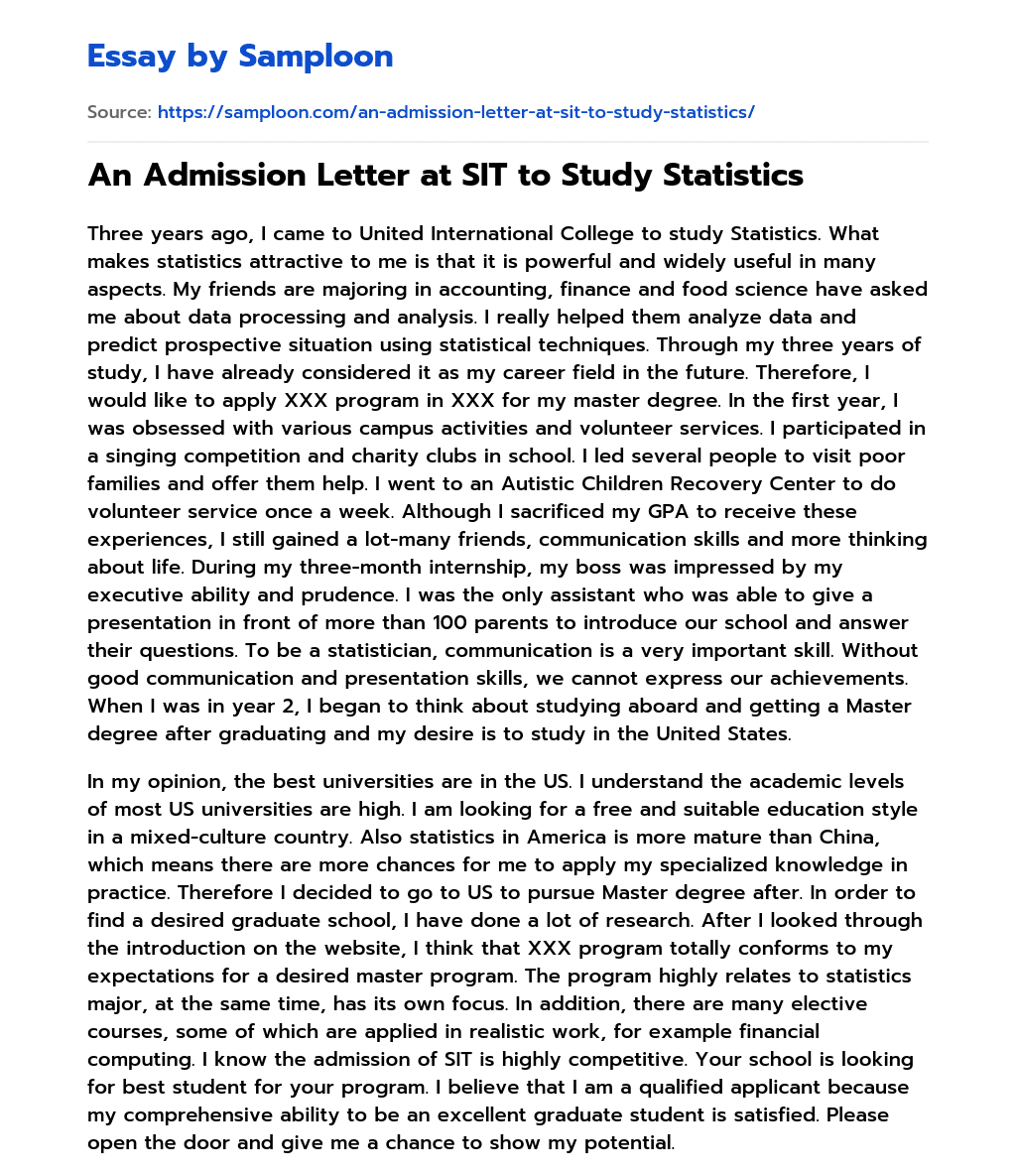 An Admission Letter at SIT to Study Statistics essay