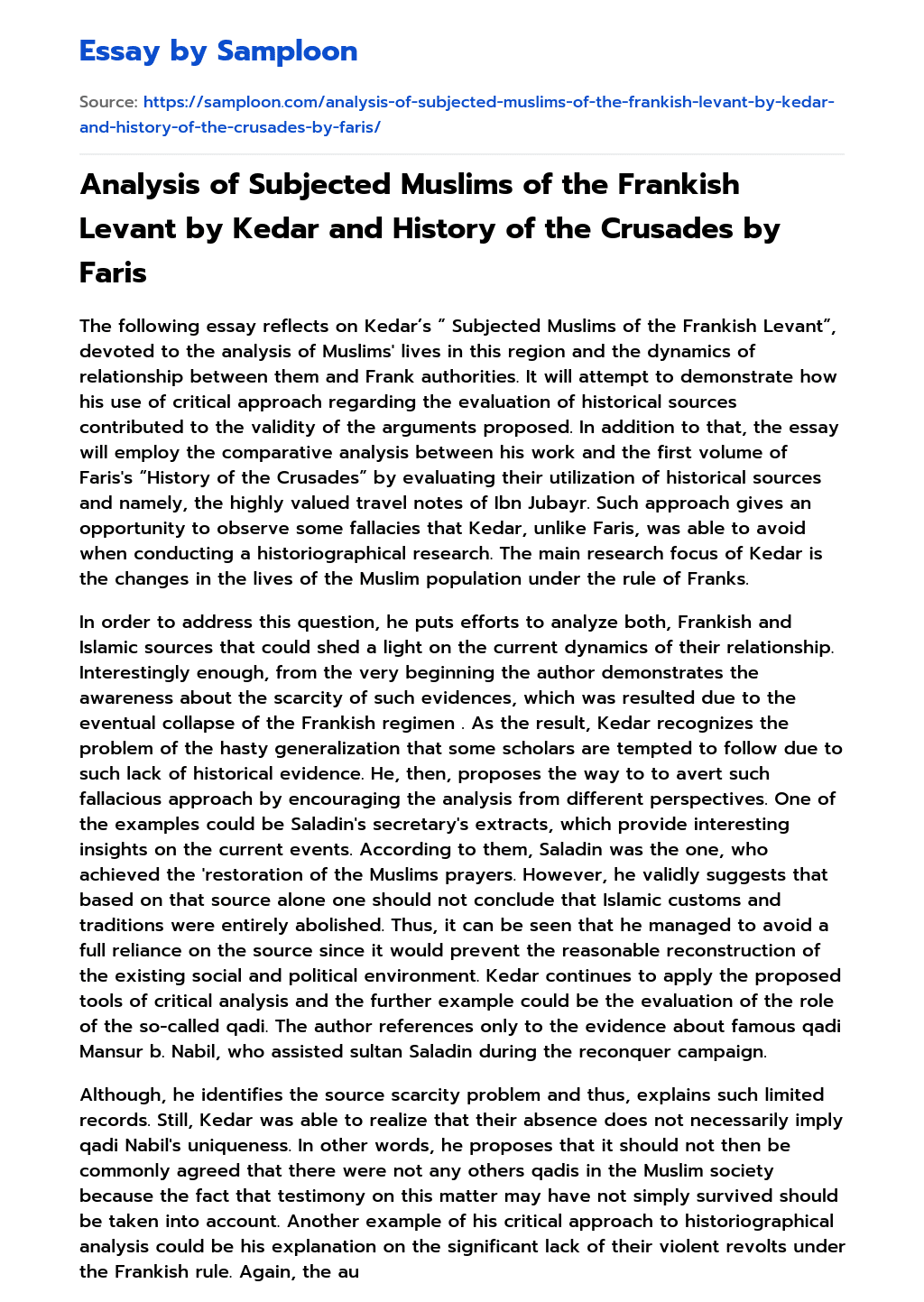Analysis of Subjected Muslims of the Frankish Levant by Kedar and History of the Crusades by Faris essay