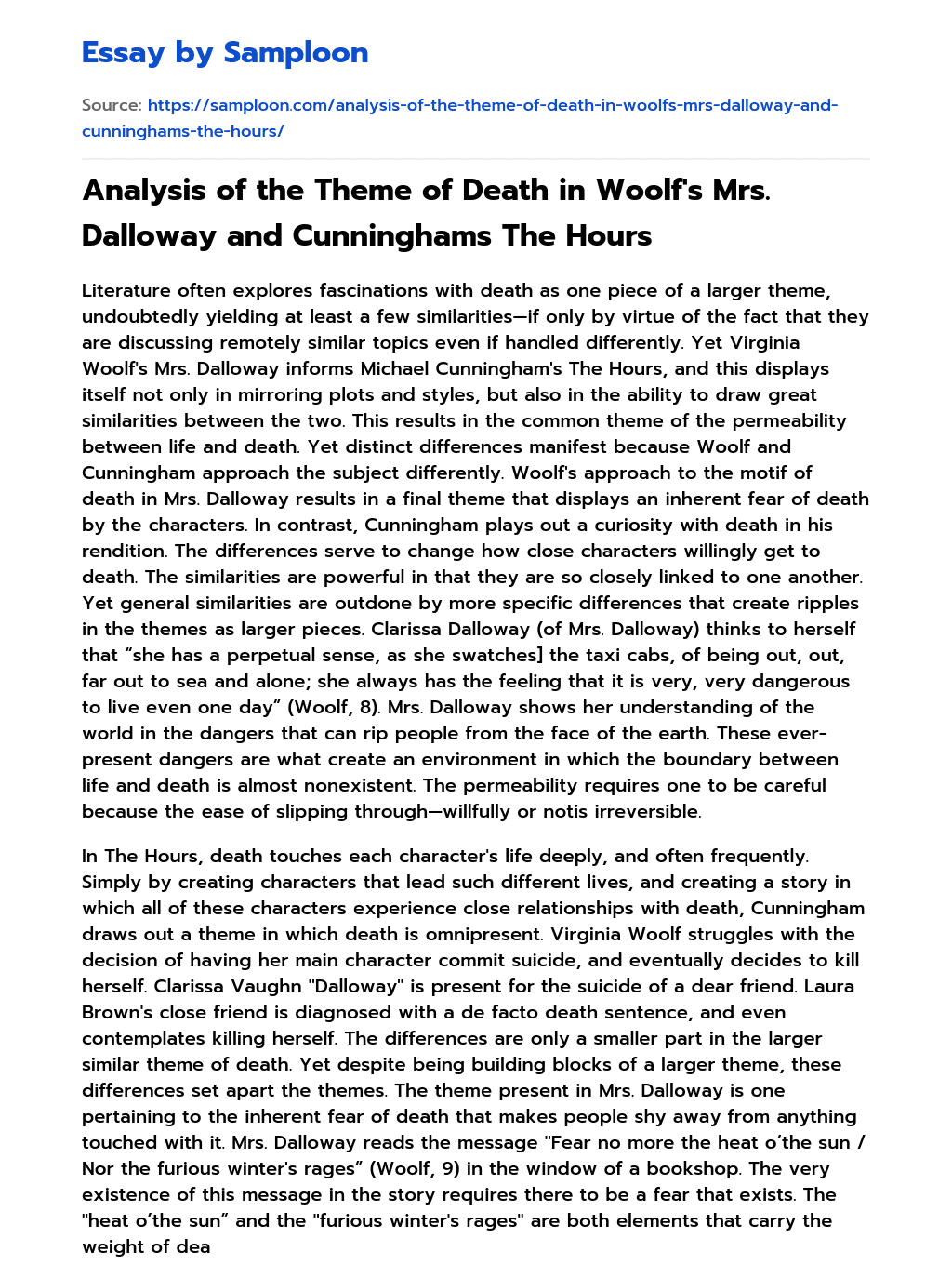 Analysis of the Theme of Death in Woolf’s Mrs. Dalloway and Cunninghams The Hours essay