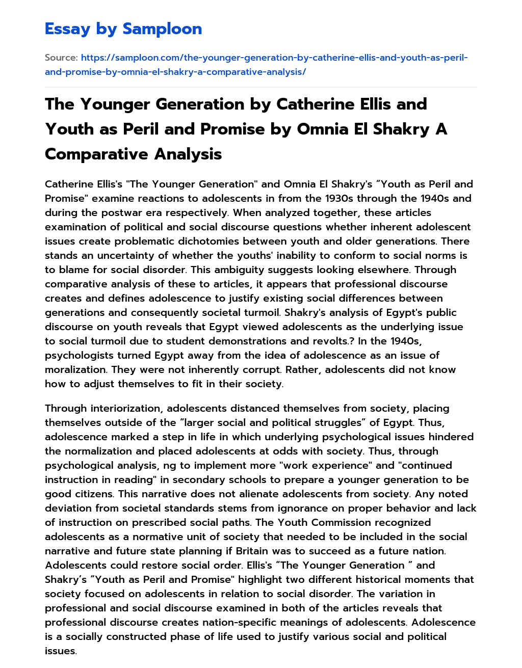 The Younger Generation by Catherine Ellis and Youth as Peril and Promise by Omnia El Shakry A Comparative Analysis essay