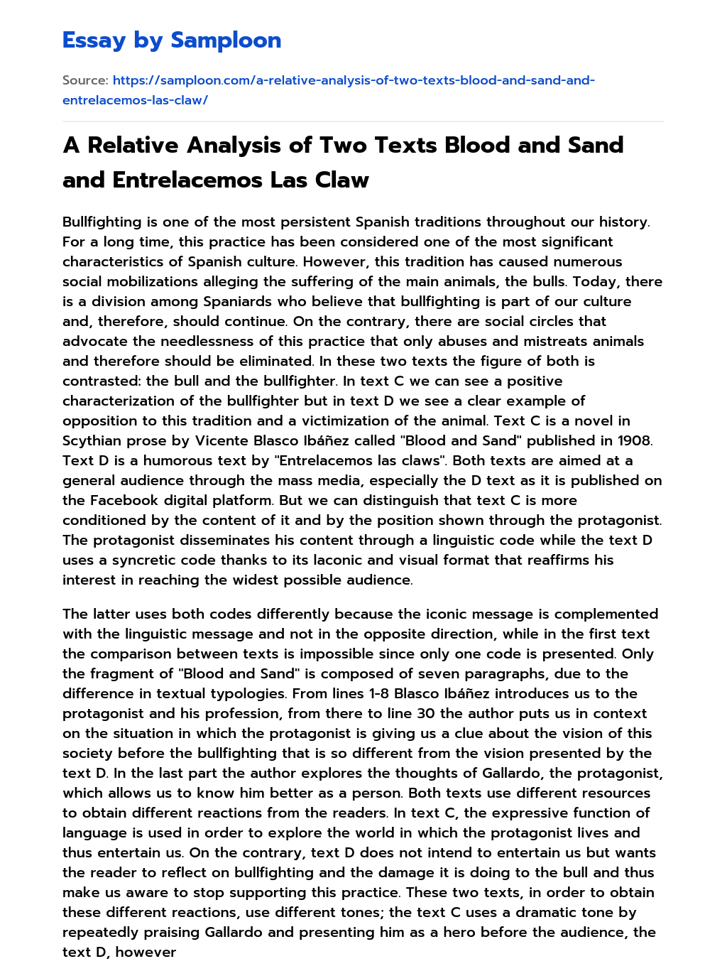 A Relative Analysis of Two Texts Blood and Sand and Entrelacemos Las Claw essay