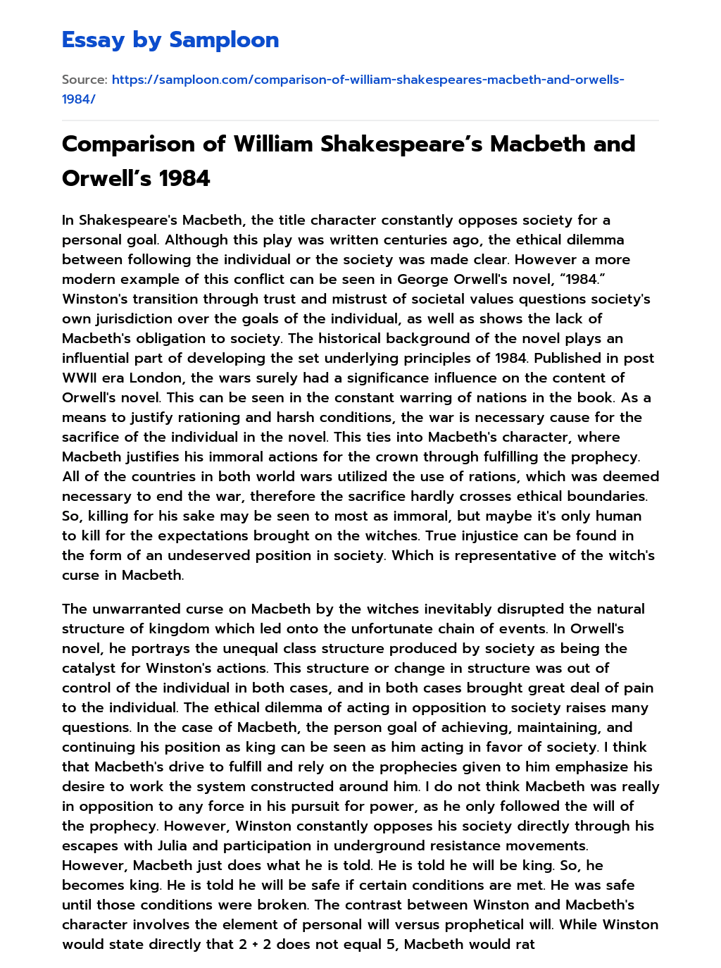 Comparison of William Shakespeare’s Macbeth and Orwell’s 1984 essay