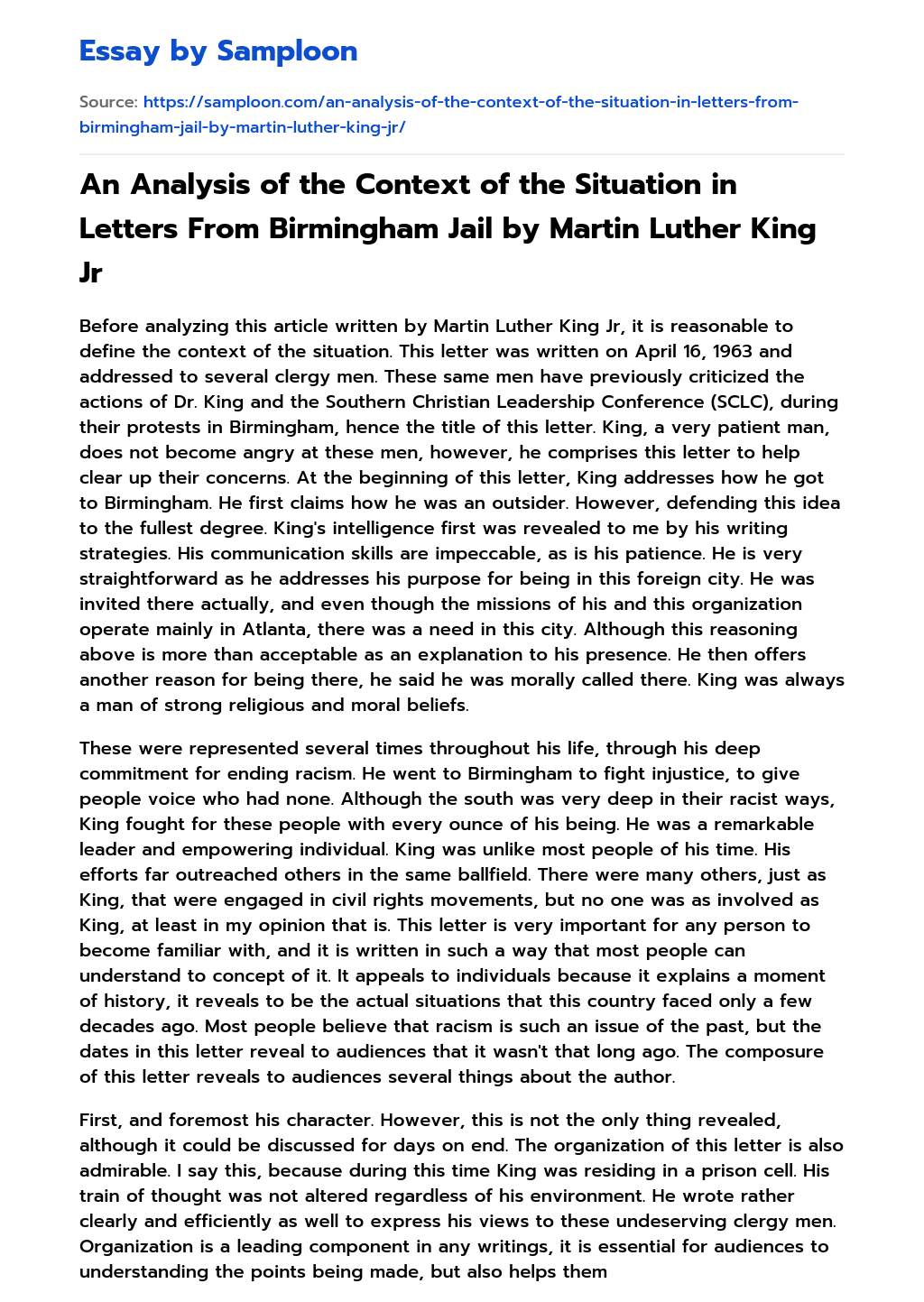 An Analysis of the Context of the Situation in Letters From Birmingham Jail by Martin Luther King Jr essay