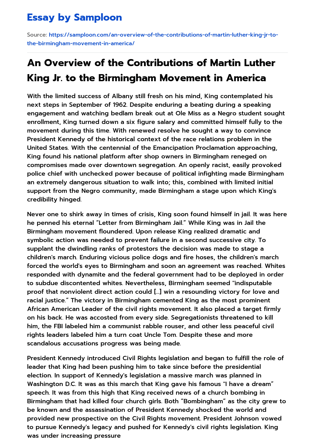 An Overview of the Contributions of Martin Luther King Jr. to the Birmingham Movement in America essay