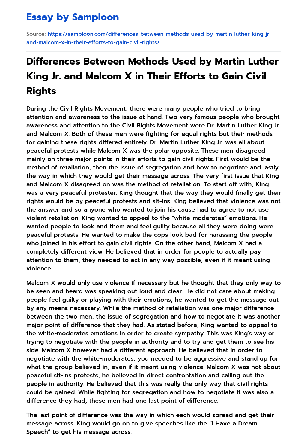 Differences Between Methods Used by Martin Luther King Jr. and Malcom X in Their Efforts to Gain Civil Rights essay