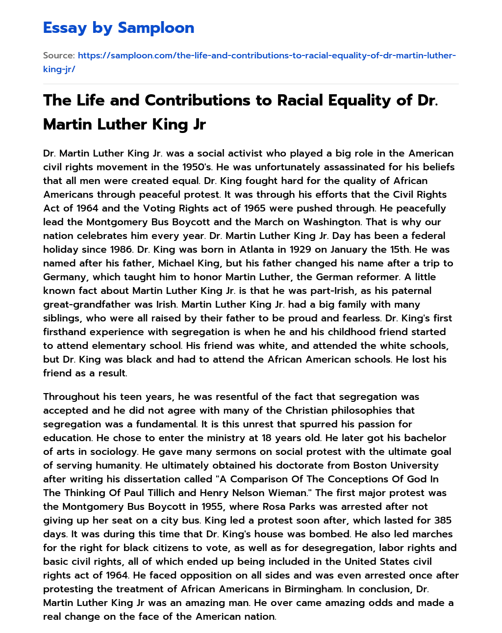 The Life and Contributions to Racial Equality of Dr. Martin Luther King Jr essay