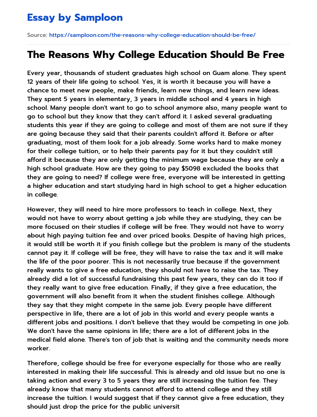 The Reasons Why College Education Should Be Free essay