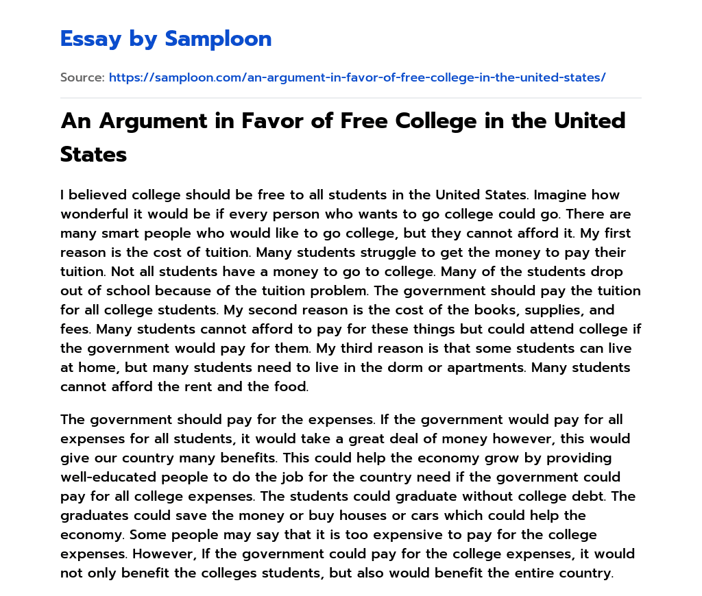 An Argument in Favor of Free College in the United States essay