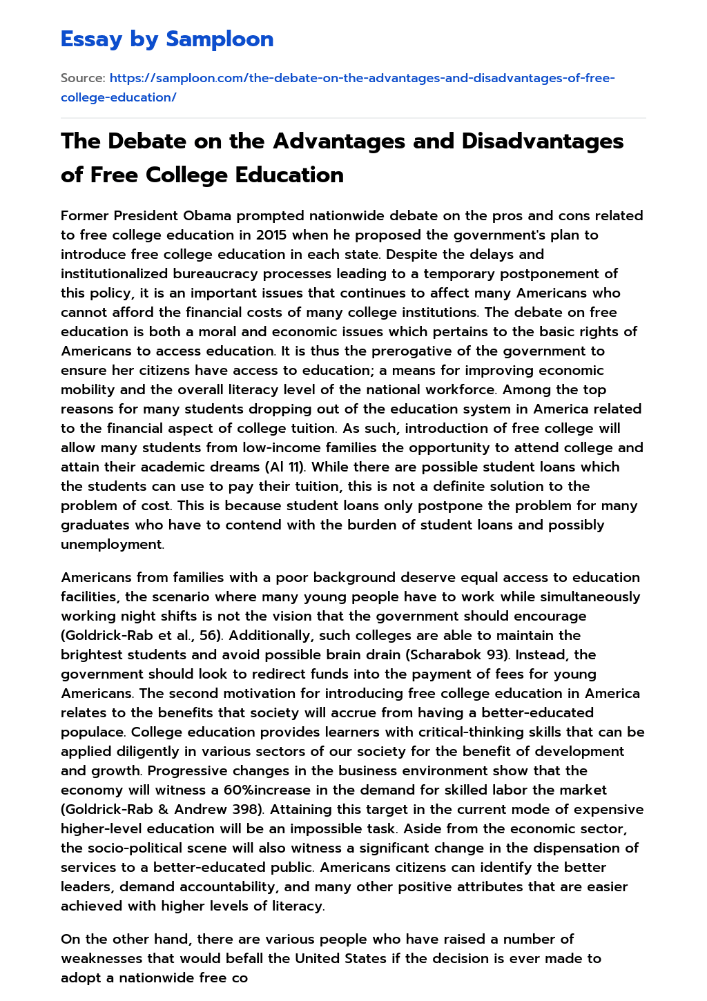 The Debate on the Advantages and Disadvantages of Free College Education essay