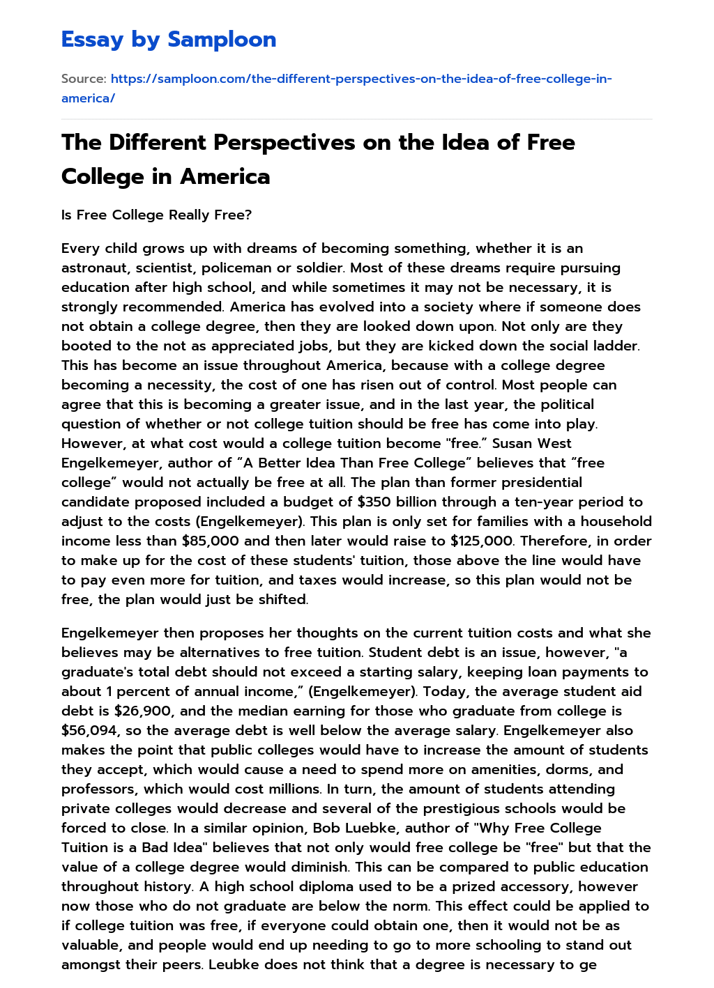 The Different Perspectives on the Idea of Free College in America essay