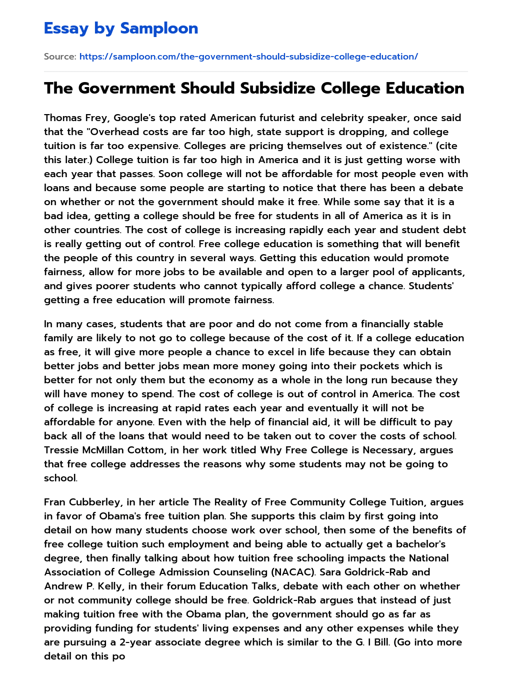 The Government Should Subsidize College Education essay