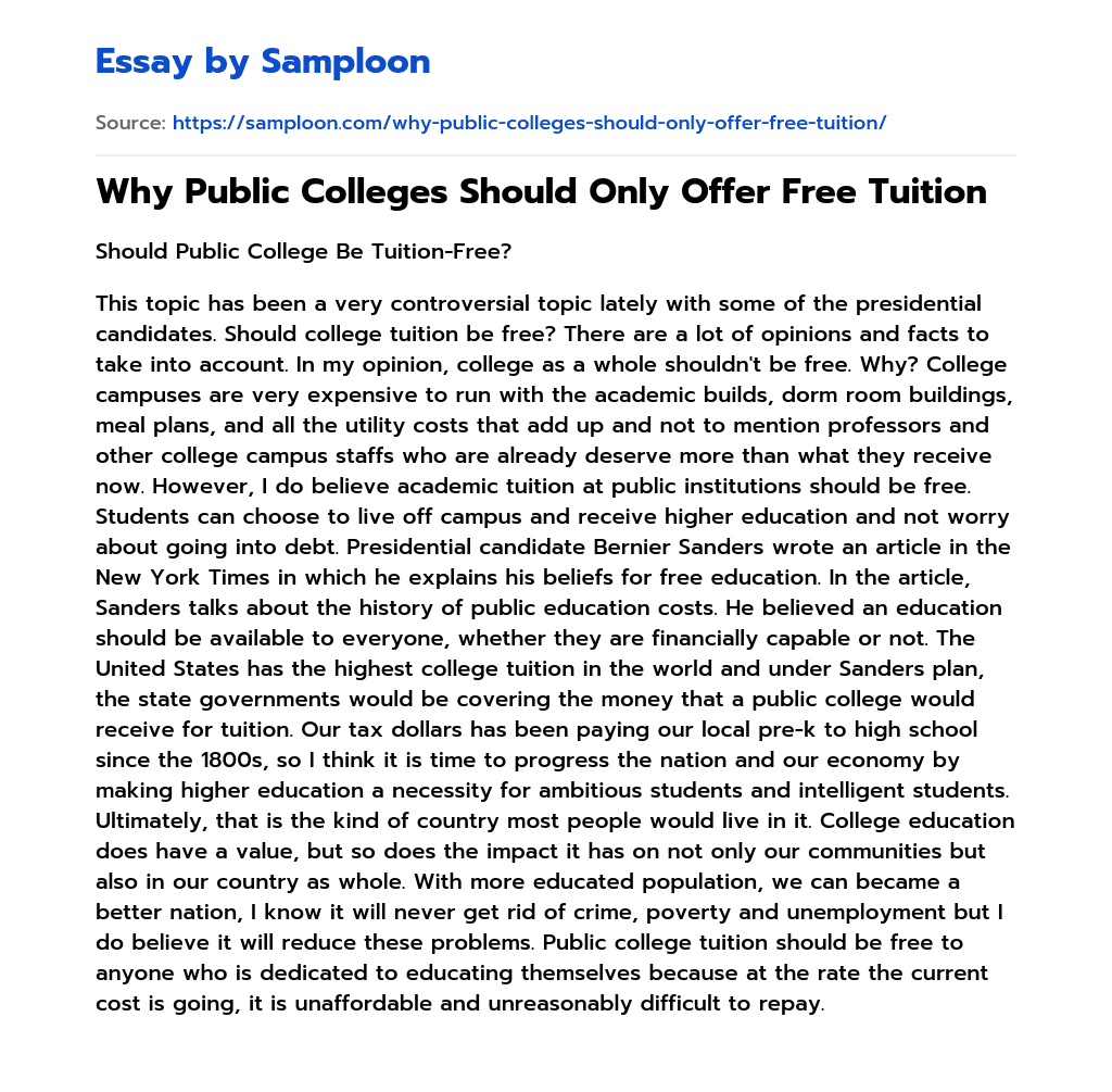 Why Public Colleges Should Only Offer Free Tuition essay