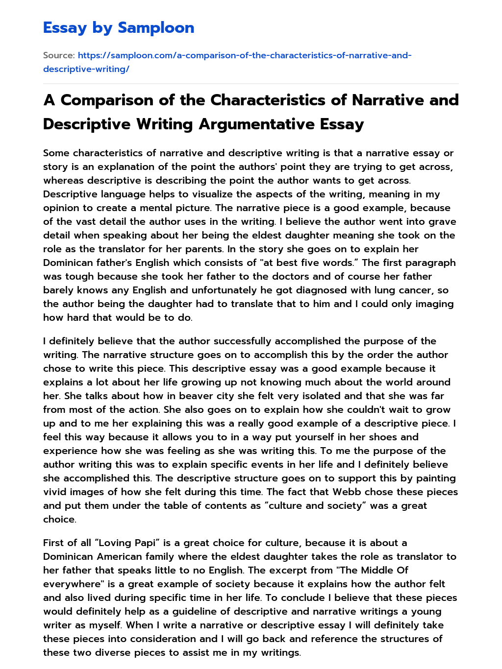 A Comparison of the Characteristics of Narrative and Descriptive Writing Argumentative Essay essay