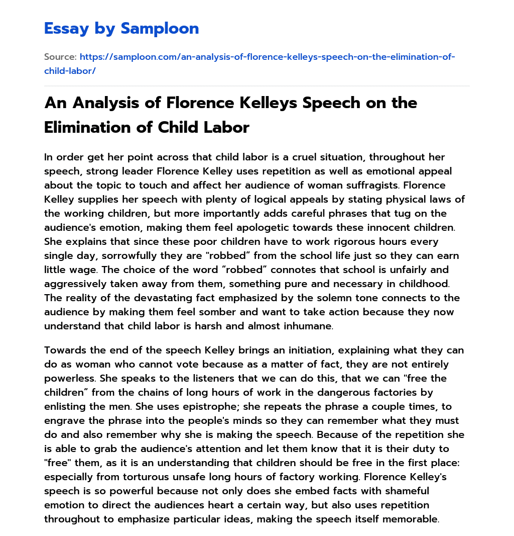 An Analysis of Florence Kelleys Speech on the Elimination of Child Labor essay
