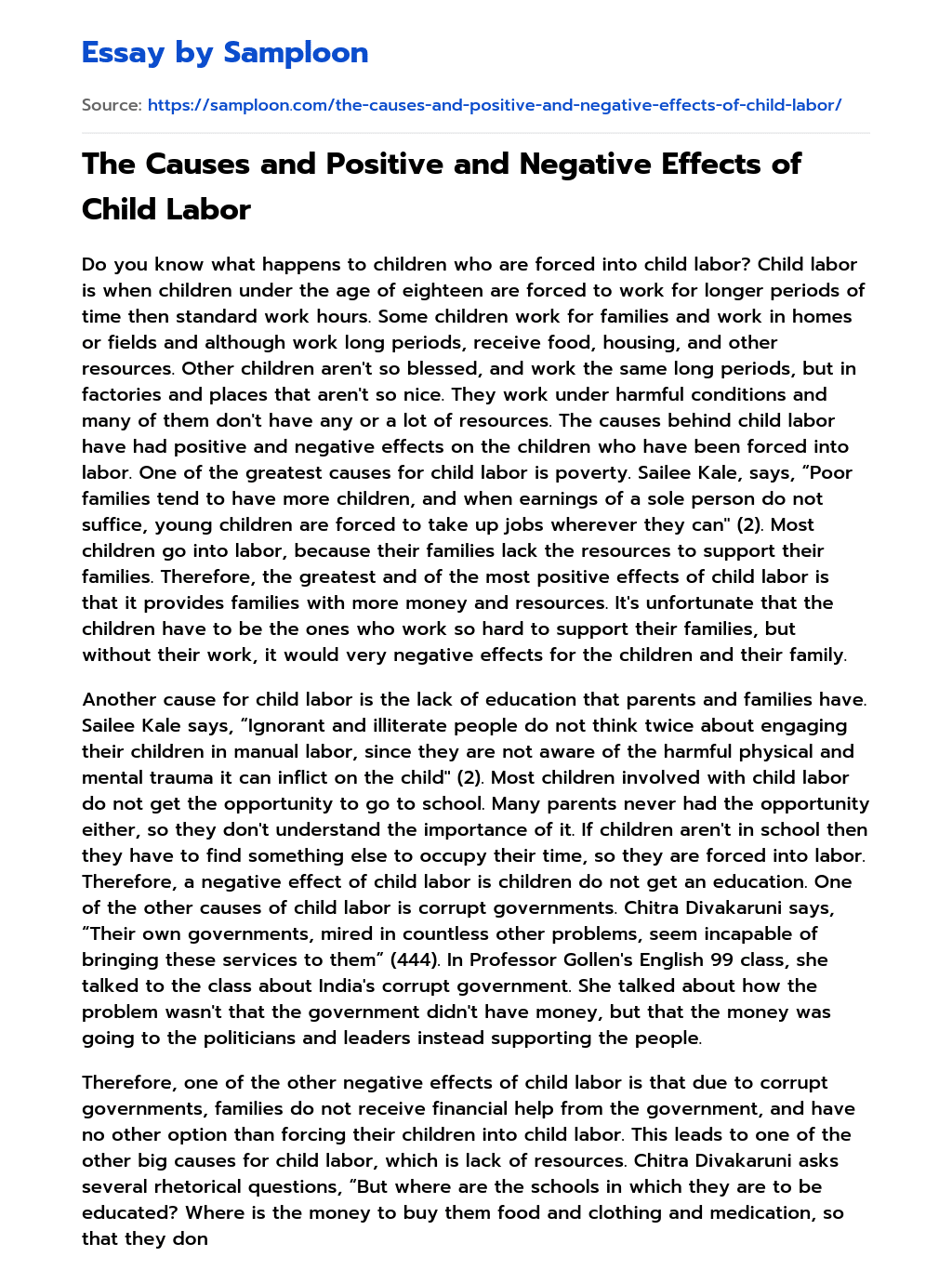 The Causes and Positive and Negative Effects of Child Labor essay