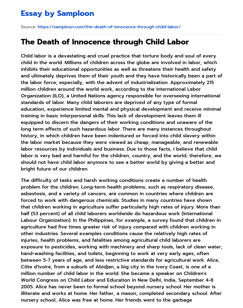 The Death of Innocence through Child Labor essay