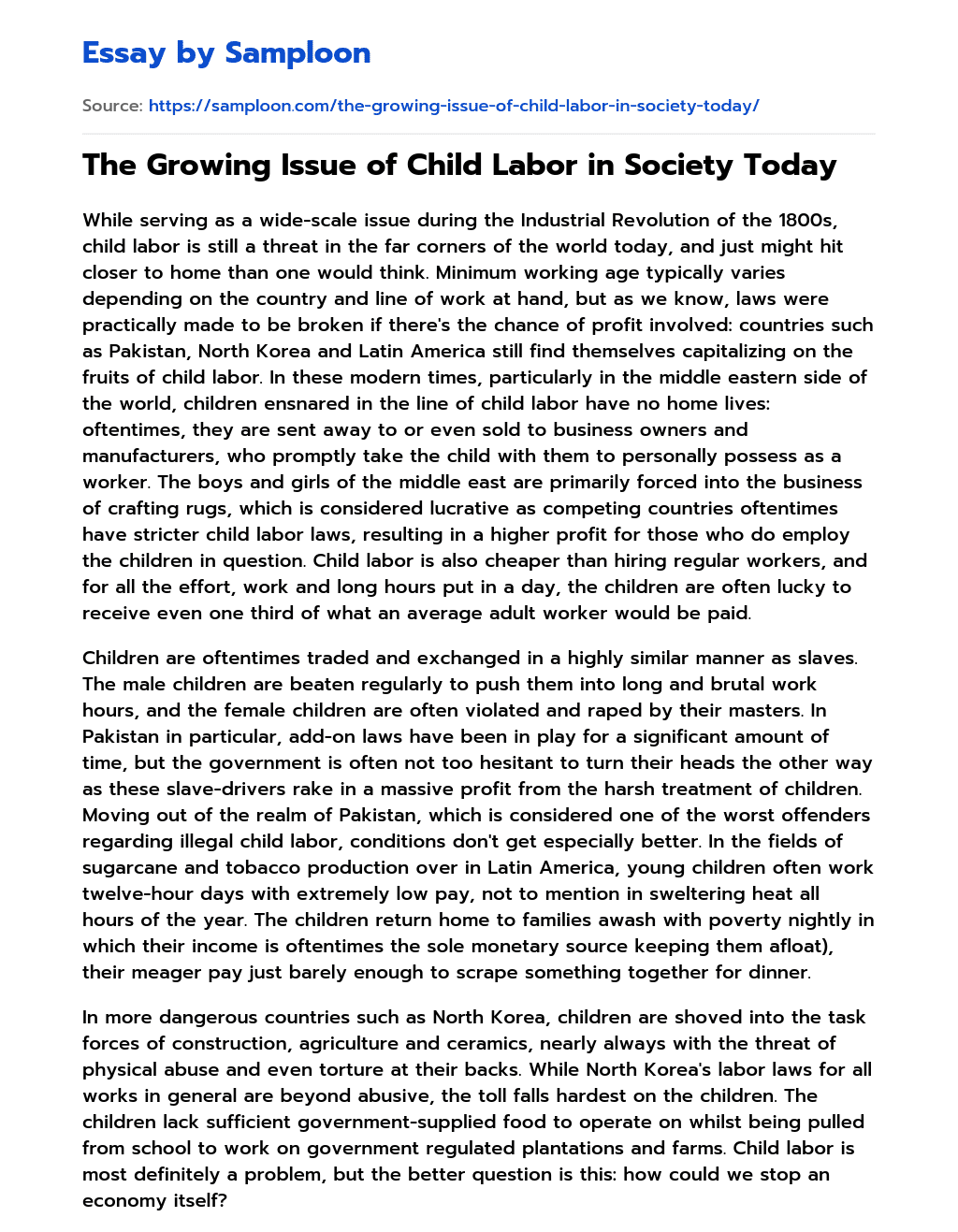 The Growing Issue of Child Labor in Society Today essay