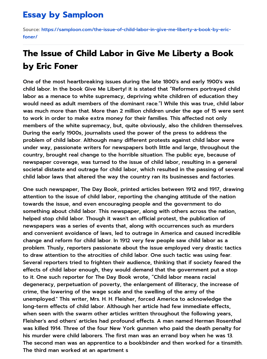The Issue of Child Labor in Give Me Liberty a Book by Eric Foner essay
