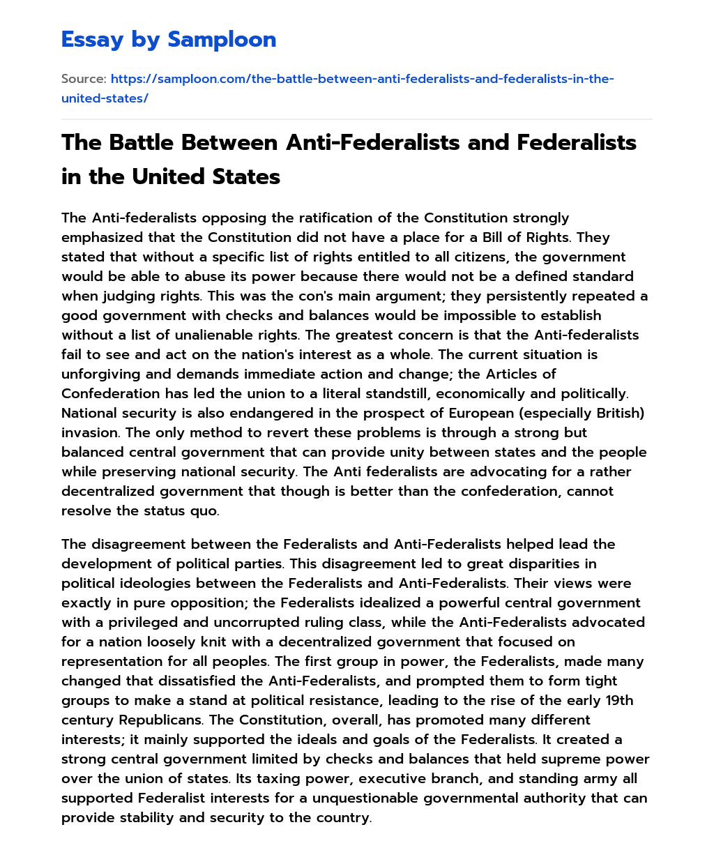 The Battle Between Anti-Federalists and Federalists in the United States essay