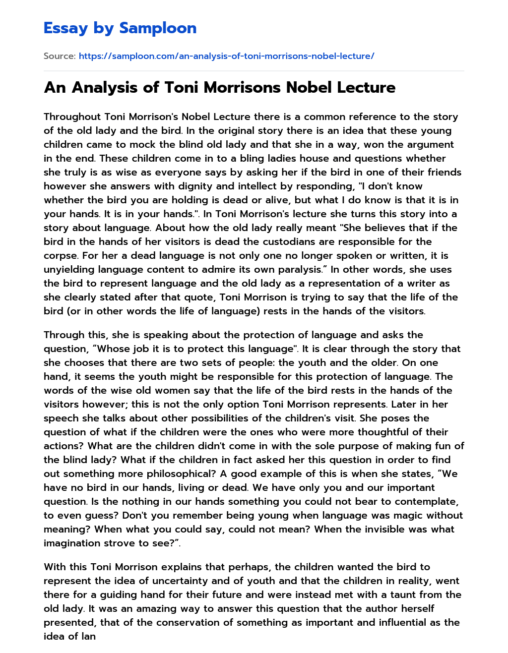 An Analysis of Toni Morrisons Nobel Lecture essay