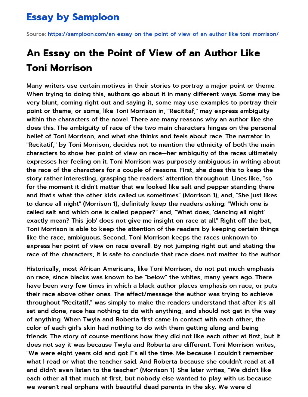 An Essay on the Point of View of an Author Like Toni Morrison essay