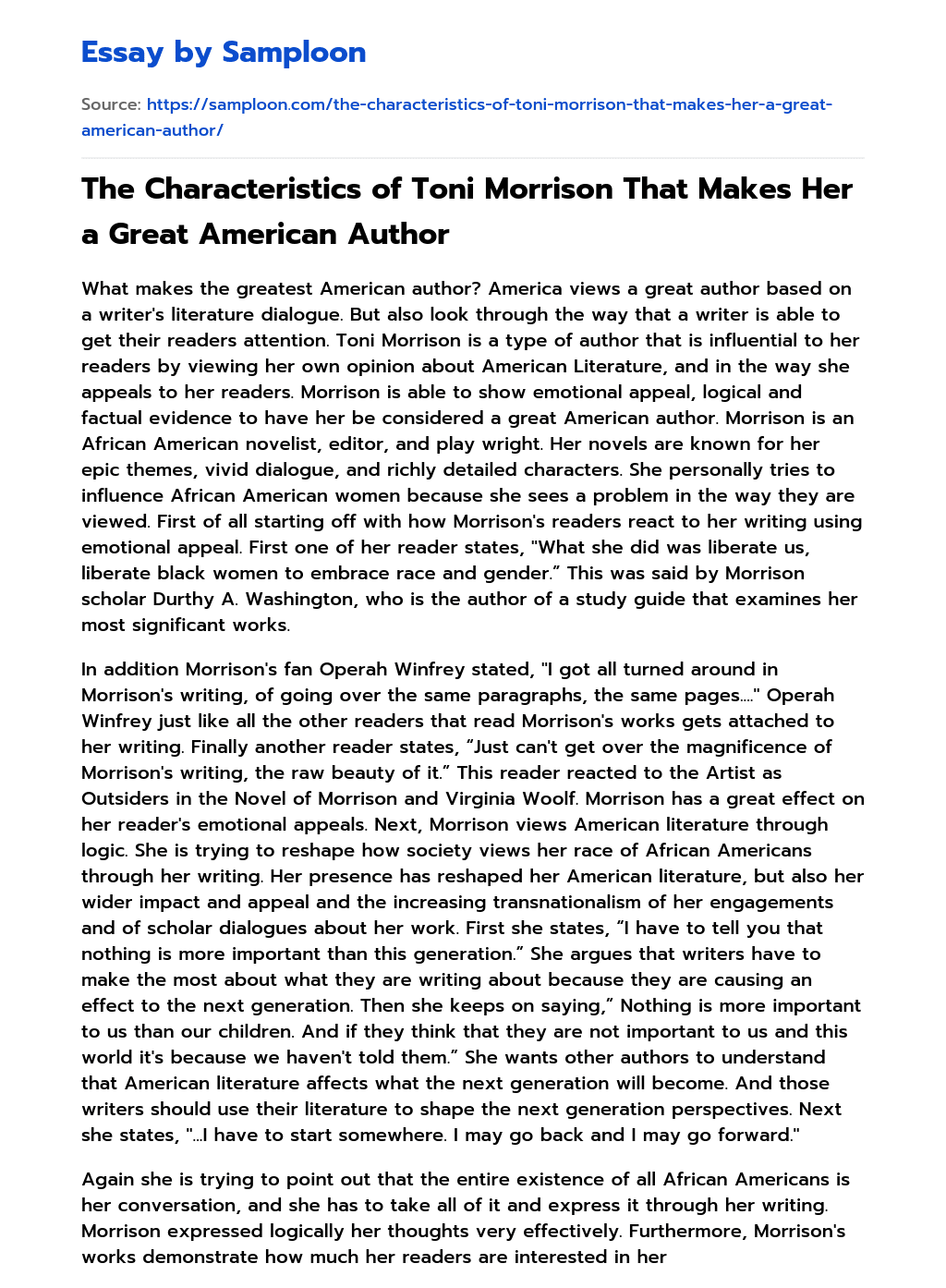 The Characteristics of Toni Morrison That Makes Her a Great American Author essay