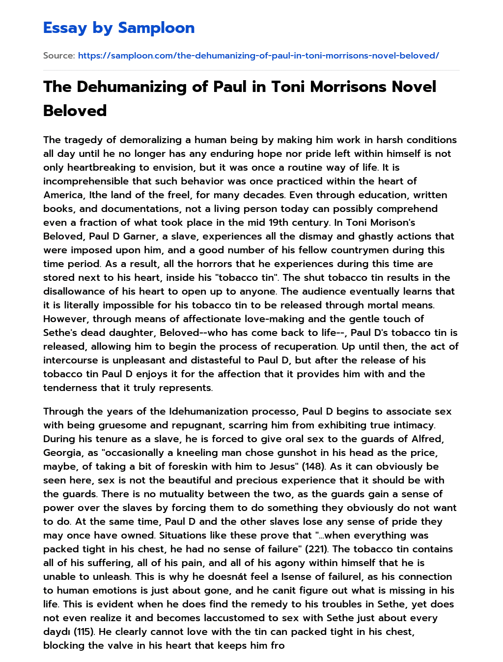 The Dehumanizing of Paul in Toni Morrisons Novel Beloved essay
