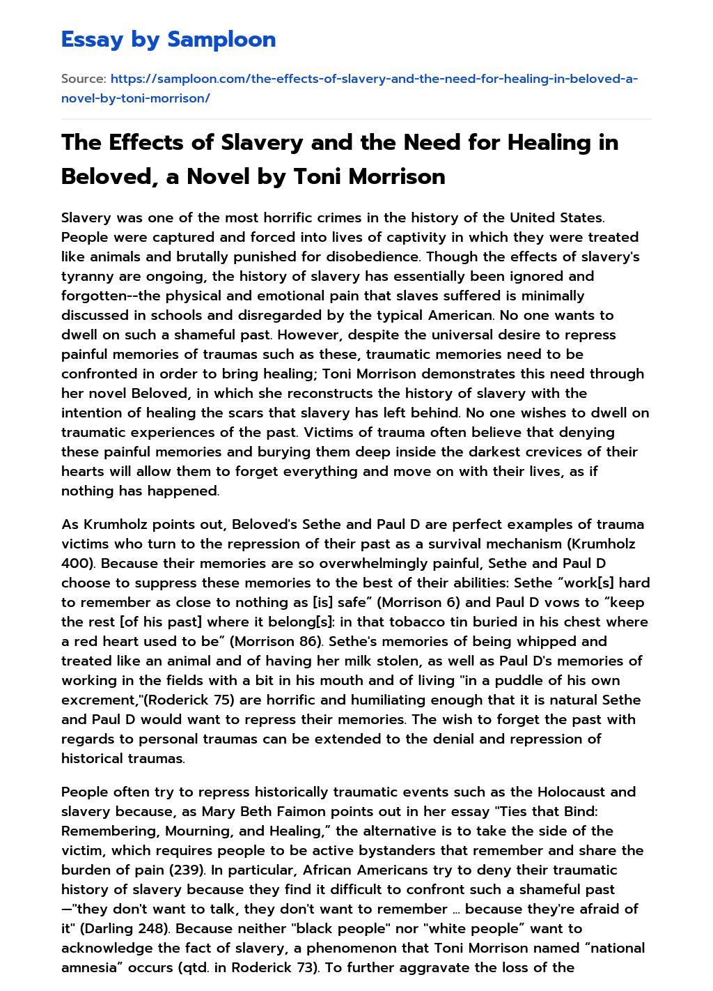 The Effects of Slavery and the Need for Healing in Beloved, a Novel by Toni Morrison essay