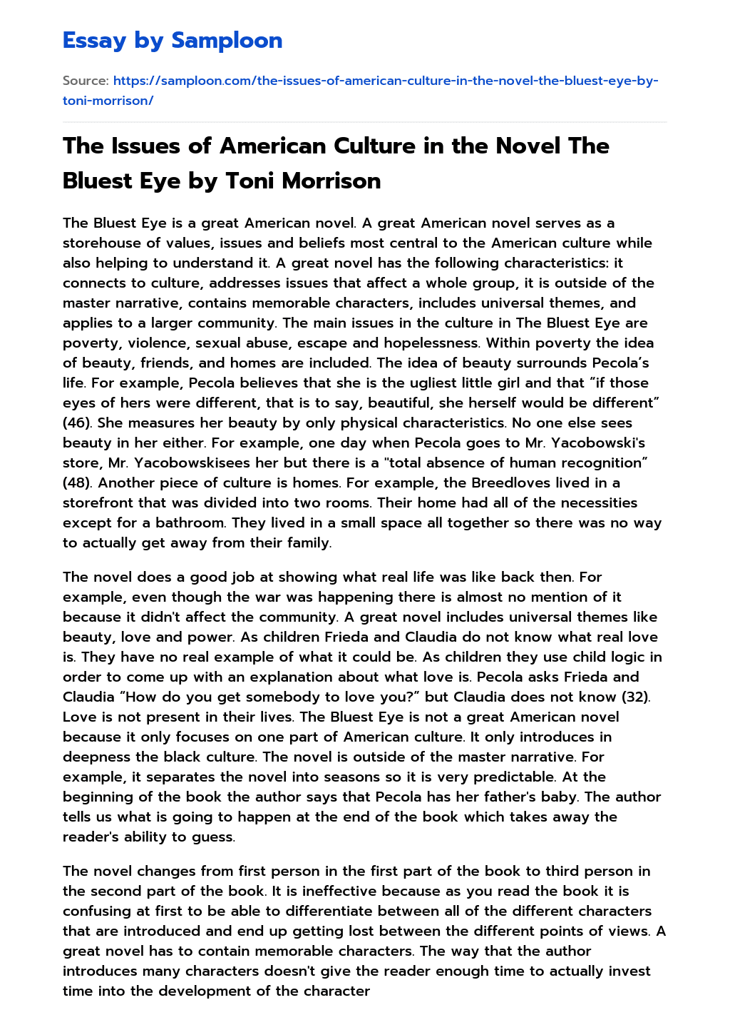 The Issues of American Culture in the Novel The Bluest Eye by Toni Morrison essay