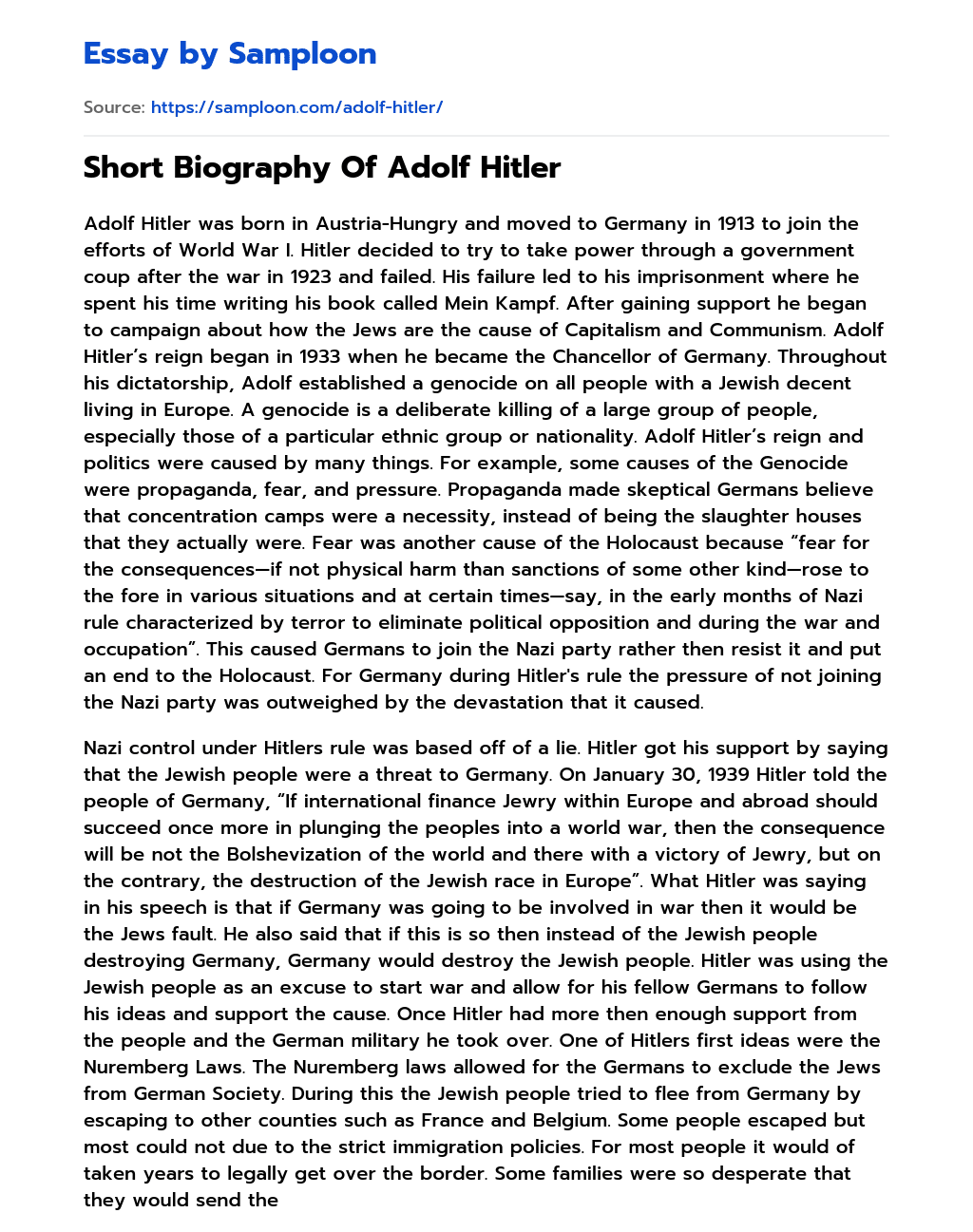 Short Biography Of Adolf Hitler essay