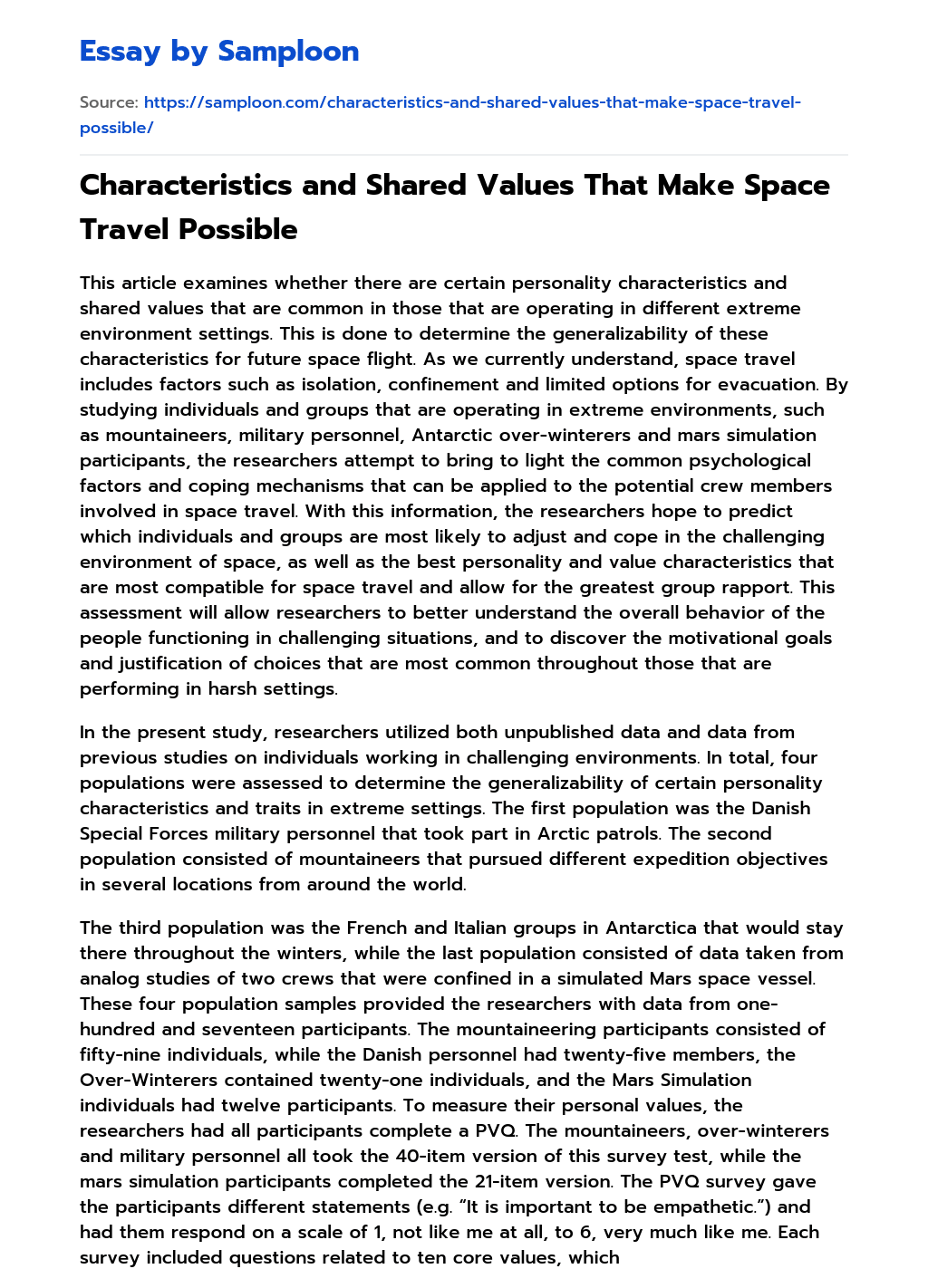 Characteristics and Shared Values That Make Space Travel Possible essay