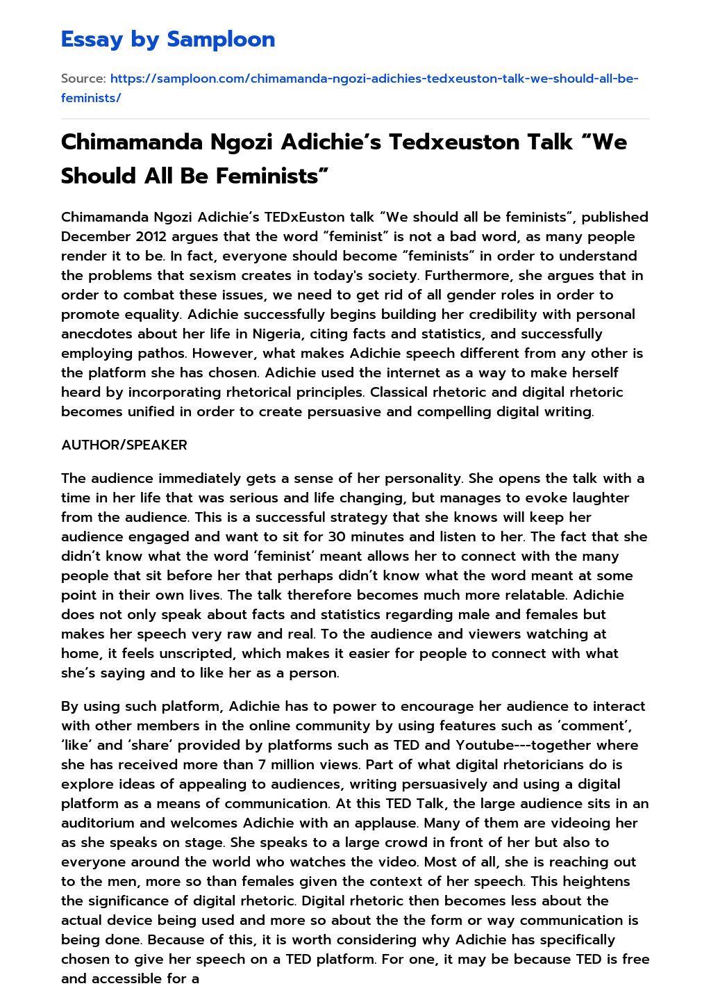 Chimamanda Ngozi Adichie’s Tedxeuston Talk “We Should All Be Feminists” essay